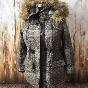 Steve Madden Winter Coat Brown Pattern fur hood